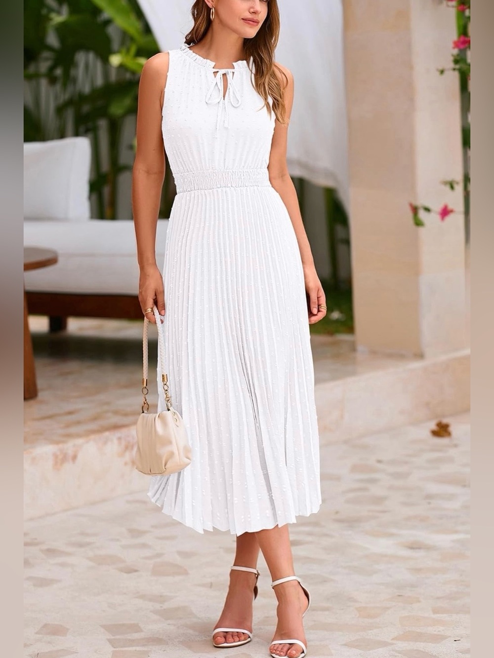 #69 Pretty Garden Sleeveless White Pleated Midi Dress with Tie Neck